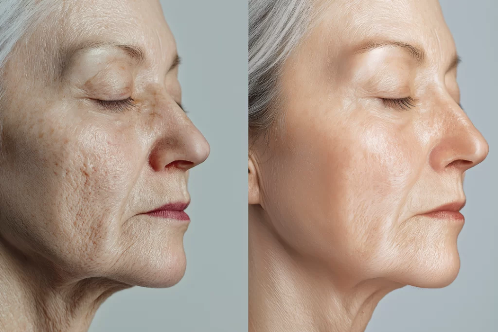 Close-up of a woman's side profile highlighting facial rejuvenation with fat transfer.