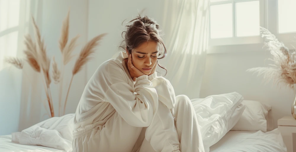 Woman feeling tired and sad, indicating a need for hormone replacement.