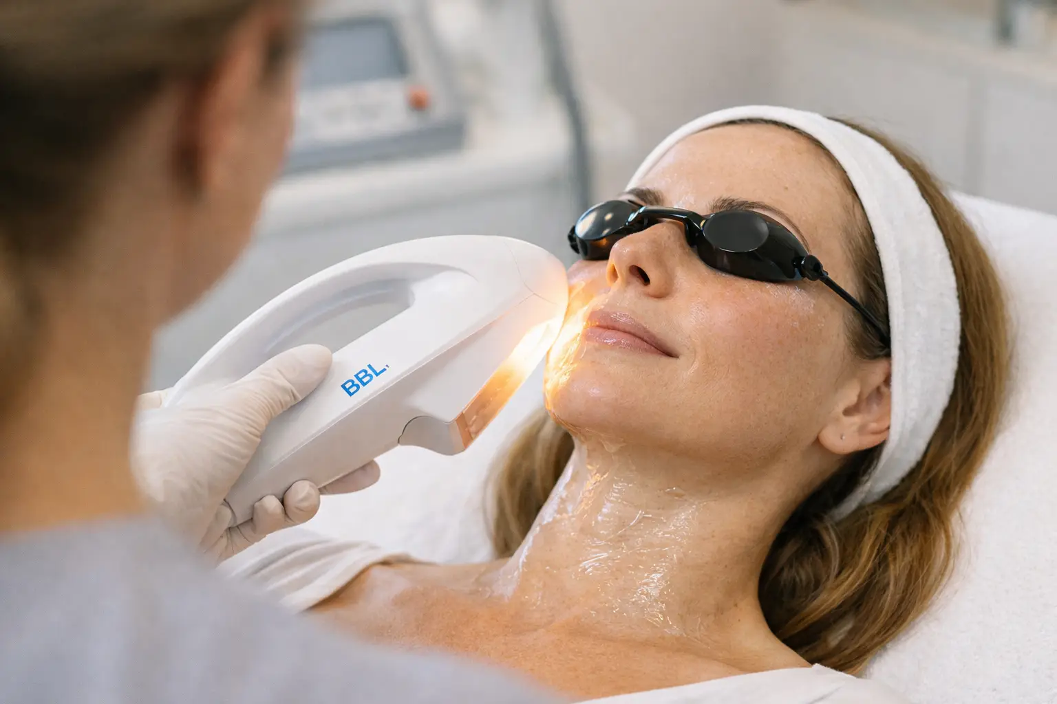 Practitioner performing BBL light therapy on woman’s face wearing protective eyewear in clinic.