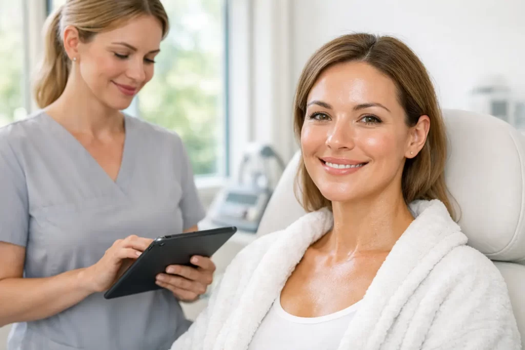 Patient smiling during skincare consultation while practitioner uses tablet in aesthetic clinic.