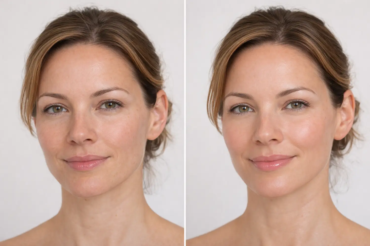 side-by-side front view of face with visible texture on left and more even tone on right