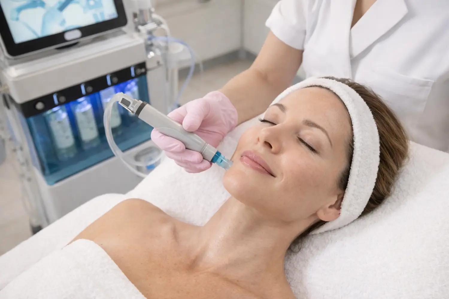 clinician using handheld device on woman's cheek during facial treatment