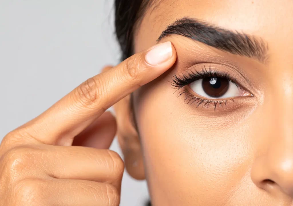 Close-up of a person touching the skin above the eyebrow while looking forward.